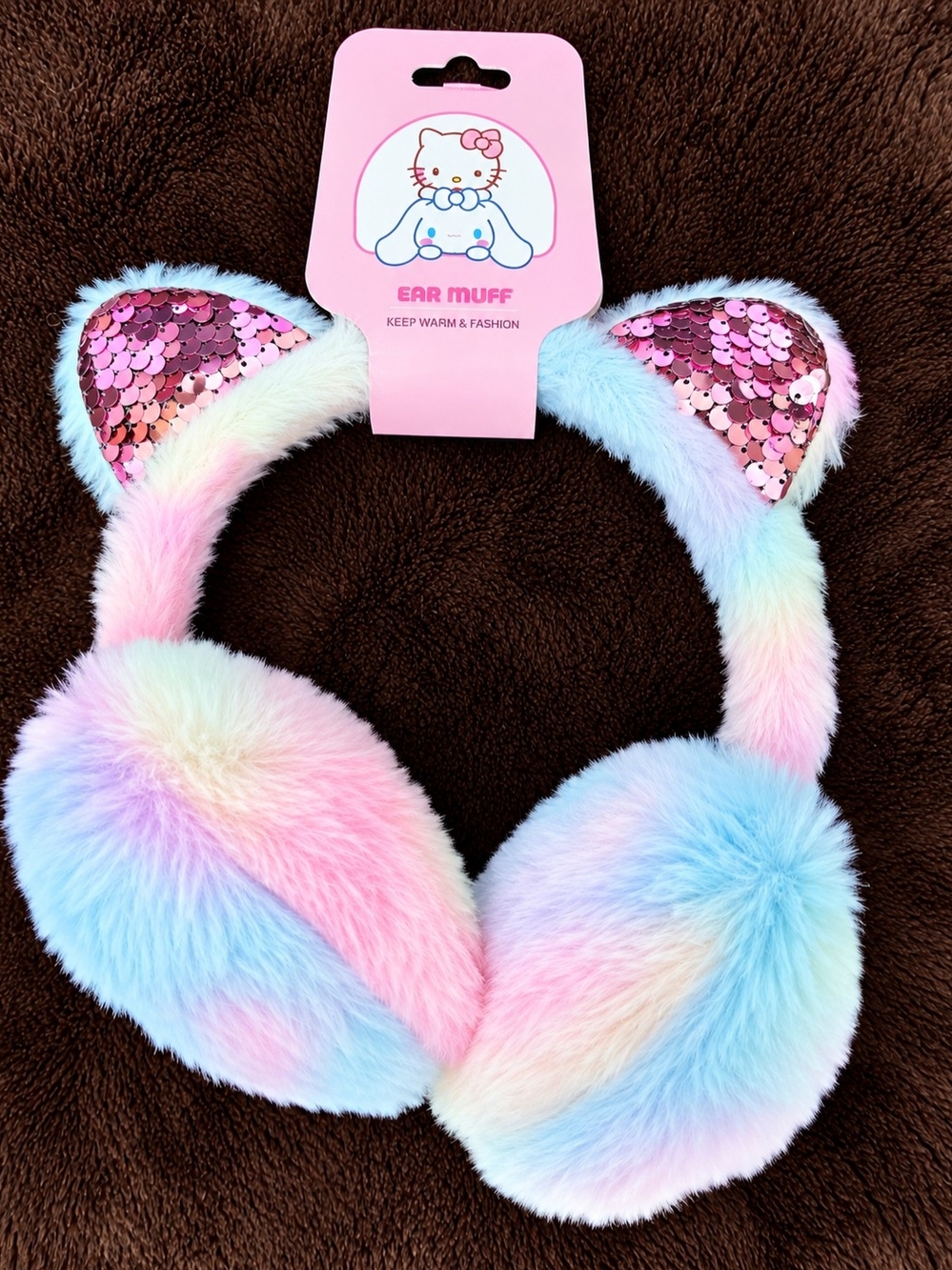 Hello Kitty Pastel Rainbow Faux-Fur Cat Ear Muffs with Pink Sequin Ears